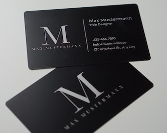 Personalisierte Visitenkarten in 3 Stärken, schwarze Aluminium Metall Karten mit hochwertiger Lasergravur, Gutscheinkarte, Geschenkidee