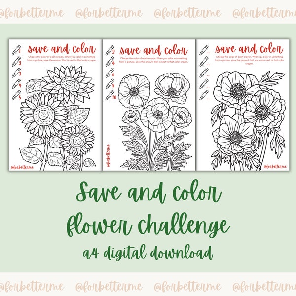 Save and Color Savings Flower Challenge Trio | digital download | printable | A4 size | savings tracker | budget | forbetterme