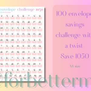 100 envelope challenge with a twist | Save 1050 | A4 | 2023 Savings challenge | Savings tracker | Printable | forbetterme
