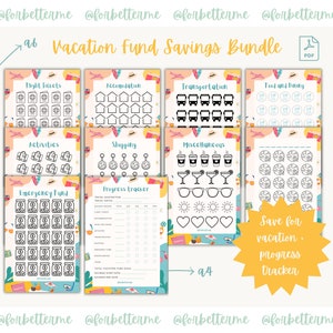 Könnte beinhalten: Ein druckbares Urlaubskassen-Sparpaket mit einem Fortschritts-Tracker. Das Paket umfasst 9 verschiedene Kategorien: Flugtickets, Unterkunft, Transport, Essen und Trinken, Aktivitäten, Shopping, Sonstiges, Notfallfonds und einen Fortschritts-Tracker. Der Tracker enthält Abschnitte für Reiseziel, Reisedaten, Flugtickets, Unterkunft, Transport, Essen und Trinken, Aktivitäten, Shopping, Sonstiges, Notfallfonds, Gesamtes Urlaubskassen-Sparziel, Sparbeginn und Sparende.