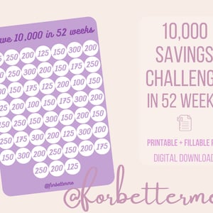 May include: A digital download graphic with the text "10,000 Savings Challenge in 52 Weeks." The design includes a savings tracker with circles and numbers, and the words "Printable + Fillable PDF."