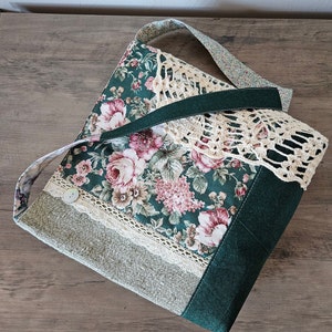 Upcycled Green Floral Purse Vintage Doily Fabrics