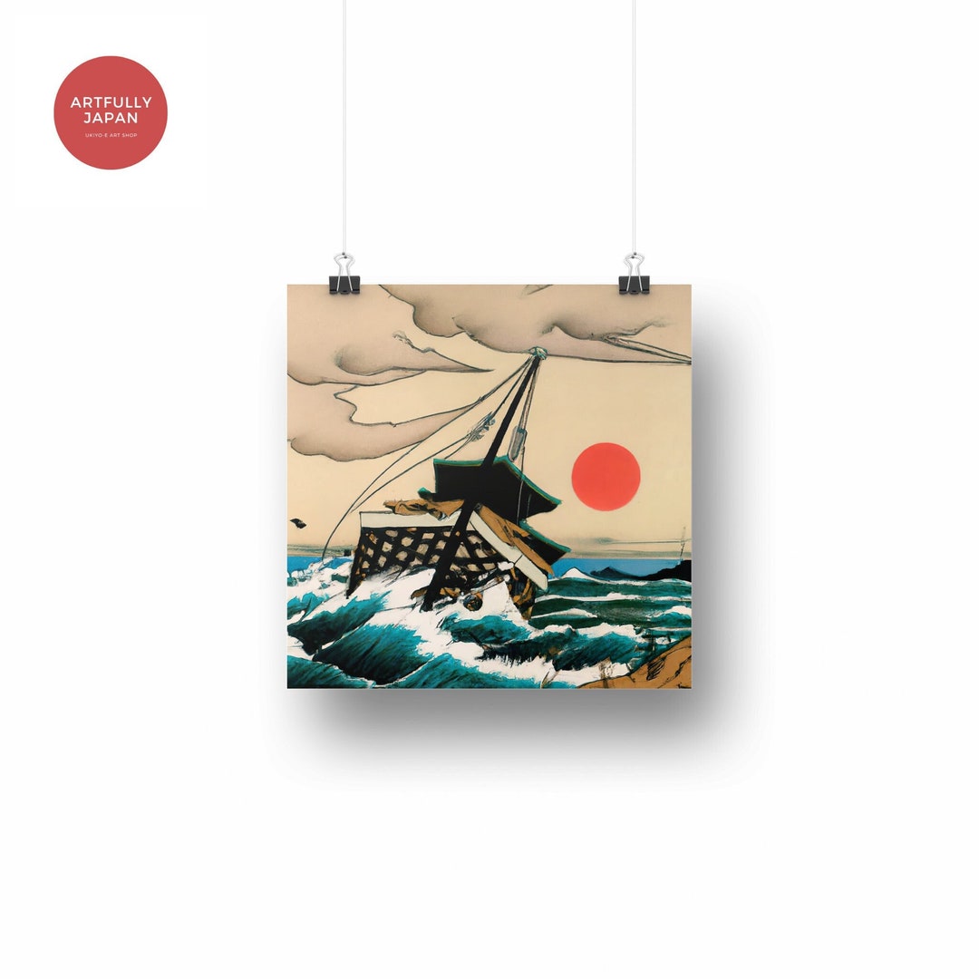 Ukiyoe Sailing Japanese Ship Printable Wall Art Influenced Etsy