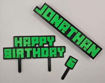 3-piece Pixel Block Cake Topper Set | Gamer Party Decorations | Custom Age and Name Sign for Birthday Cakes