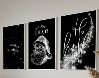 Decoración navideña negra, conjunto de arte de pared navideño imprimible de 3, decoración navideña negra, decoración festiva para paquete de impresiones navideñas,
