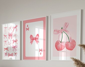 30 carteles de coqueta de lazos rosas, arte de pared retro de moda, decoración de dormitorio imprimible con lazos, póster estético rosa preppy