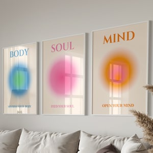 Carteles de aura positiva conjunto de 3, cartel de aura espiritual, arte de pared de lienzo degradado granulado de aura colorida, decoración de pared de afirmaciones positivas