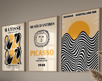 Gallery Wall Art 3er Set Print, Gelbes Bauhaus Poster Set, Picasso Print, Picasso Wall Art, Henri Matisse Poster, Yellow Wall Art