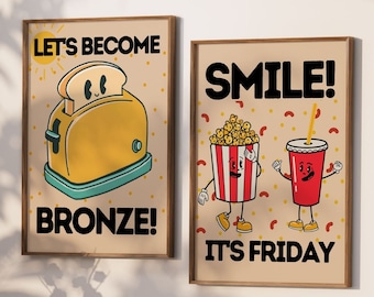 Retro Kitchen Wall Art Set of 2, Funny Kitchen Food Wall Poster, Downloadable Prints, Digital Download