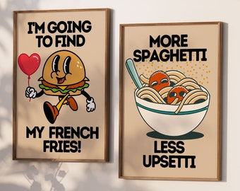 Set Of 2 Retro Kitchen Wall Art, Funny Kitchen Food Wall Poster, Downloadable Prints, Digital Download