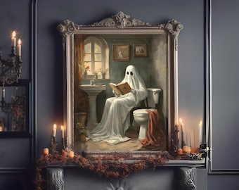 Ghost lezen van een boek in het toilet Vintage Poster, schattige Ghost Art, Spooky Ghost Print, Halloween Home Decor, Horror Spooky Cute