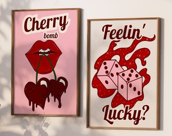 Set of 2 Groovy Funky Wall Art, 90's Aestetic Poster, Cherry Bomb