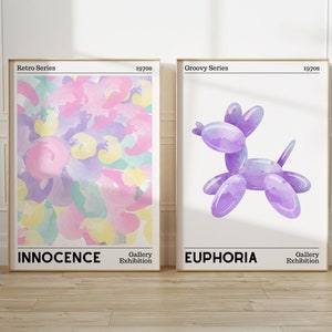 Aura Gradient Poster Set of 2, Balloon Dog Poster, Purple Preppy Printable Wall Art, 70s Retro Euphoria Poster, Instant Download