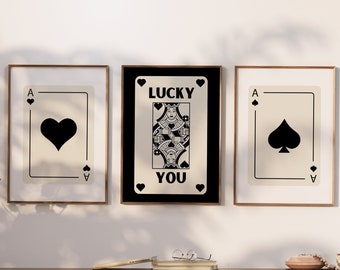Trendy Retro Wall Art Set van 3, Play Card Print, Lucky You Poster, Black Ace Card Poster, Digitale Download