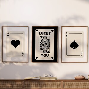Trendy Retro Wall Art Set di 3, Play Card Print, Lucky You Poster, Black Ace Card Poster, Download digitale