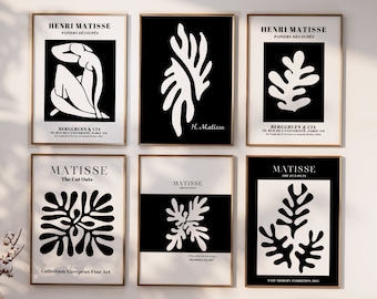 Könnte beinhalten: Sechs Schwarz-Weiß-Kunstdrucke mit abstrakten Formen und dem Text "HENRI MATISSE" und "MATISSE".