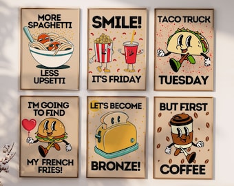 Set Of 6 Retro Kitchen Wall Art, Funny Kitchen Food Wall Poster, Downloadable Prints, Digital Download