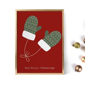 Retro Weihnachtsposter - Rote Handschuhe, Weihnachtsdekor, Weihnachtsdekor, Weihnachtskunst, Winterdruck, rote Wandkunst