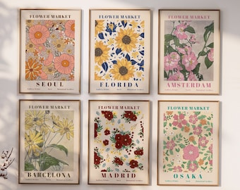 Blumenmarkt Poster Set von 6, Gelber und rosa Blumendruck, Blumenwandkunst für Eingangsbereich, buntes Blumenplakat, botanisches Design,