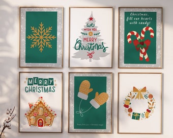 May include: Six framed Christmas-themed prints with green and gold accents. The prints feature a snowflake, a Christmas tree, candy canes, mittens, a gingerbread house, and a wreath.