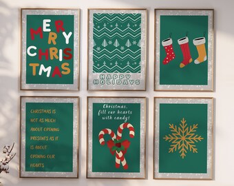 May include: Six green Christmas-themed printable wall art prints with white borders. The prints feature a snowflake, candy canes, stockings, and text that says "Merry Christmas", "Happy Holidays", and "Christmas is not as much about opening presents as it is about opening our hearts".