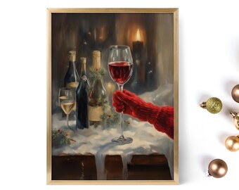 Christmas Poster of Red Glove with Wine, Holiday Prints for Xmas Decor, Ideal Christmas Craft Gift