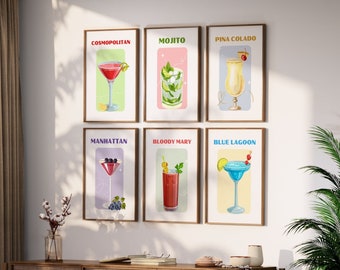 Cocktail Bar Poster Set for Kitchen Wall, Trendy Retro Cocktail Bar Printable Wall Art, Alcoholic Drinks Digital Download