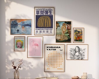 Pinturas de artistas famosos: 100 obras de arte de museo, galería de arte moderno de museo, decoración maximalista, diseño interior ecléctico para sala de estar