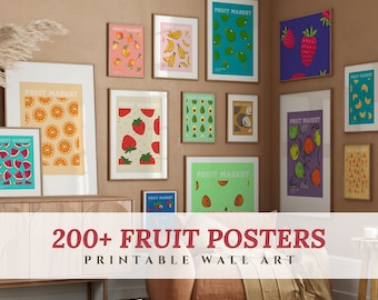 Póster de 200 frutas, decoración de pared de cocina del mercado de frutas, ilustraciones inspiradas en frutas, carteles de sandía, fresa y limón