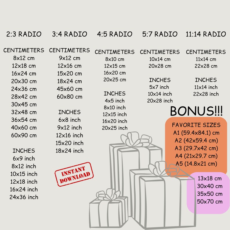 May include: A chart showing different ratios for gift wrapping paper sizes. The chart includes measurements in both inches and centimetres. The chart also includes a list of common paper sizes with their corresponding measurements in centimetres. The chart is titled "Bonus!!! Favourite Sizes".