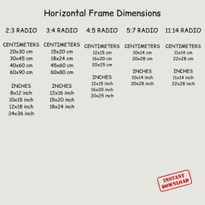 May include: A chart showing different frame dimensions in both inches and centimeters. The chart is divided into five columns, each representing a different aspect ratio: 2:3, 3:4, 4:5, 5:7, and 11:14. The chart includes measurements for both the width and height of the frame in each aspect ratio.