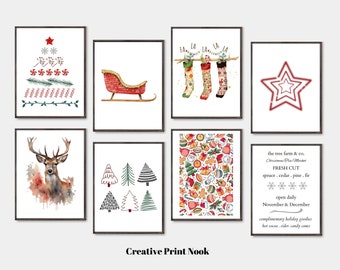 Decoración navideña boho para el hogar, 50 imprimibles navideños, carteles navideños neutros, arte digital de pared navideño, decoración navideña clásica