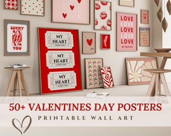 Valentines Gallery Wall Art Set de 55 impresiones, decoración retro del día de San Valentín, arte de pared imprimible de San Valentín, decoración navideña de arte de la galería de la habitación de las niñas
