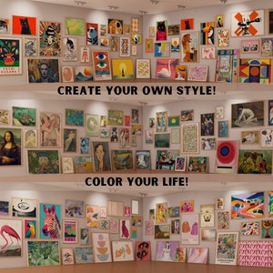Puede incluir: Una galer&iacute;a de pared con una variedad de obras de arte enmarcadas en diferentes estilos y colores. La galer&iacute;a incluye arte abstracto, retratos, paisajes y bodegones. El texto "CREATE YOUR OWN STYLE!" y "COLOR YOUR LIFE!" se muestra en la pared.