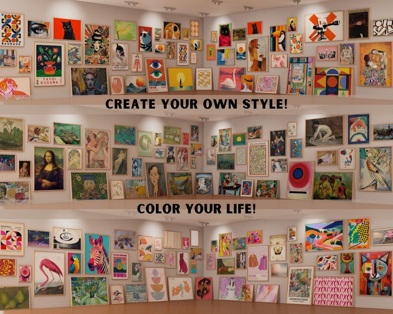 Puede incluir: Una galer&iacute;a de pared con una variedad de obras de arte enmarcadas en diferentes estilos y colores. La galer&iacute;a incluye arte abstracto, retratos, paisajes y bodegones. El texto "CREATE YOUR OWN STYLE!" y "COLOR YOUR LIFE!" se muestra en la pared.