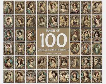 100 retratos de mujer vintage pintura vidrieras, retrato de mujer histórica del renacimiento victoriano, conjunto de arte de pared de cartel vintage