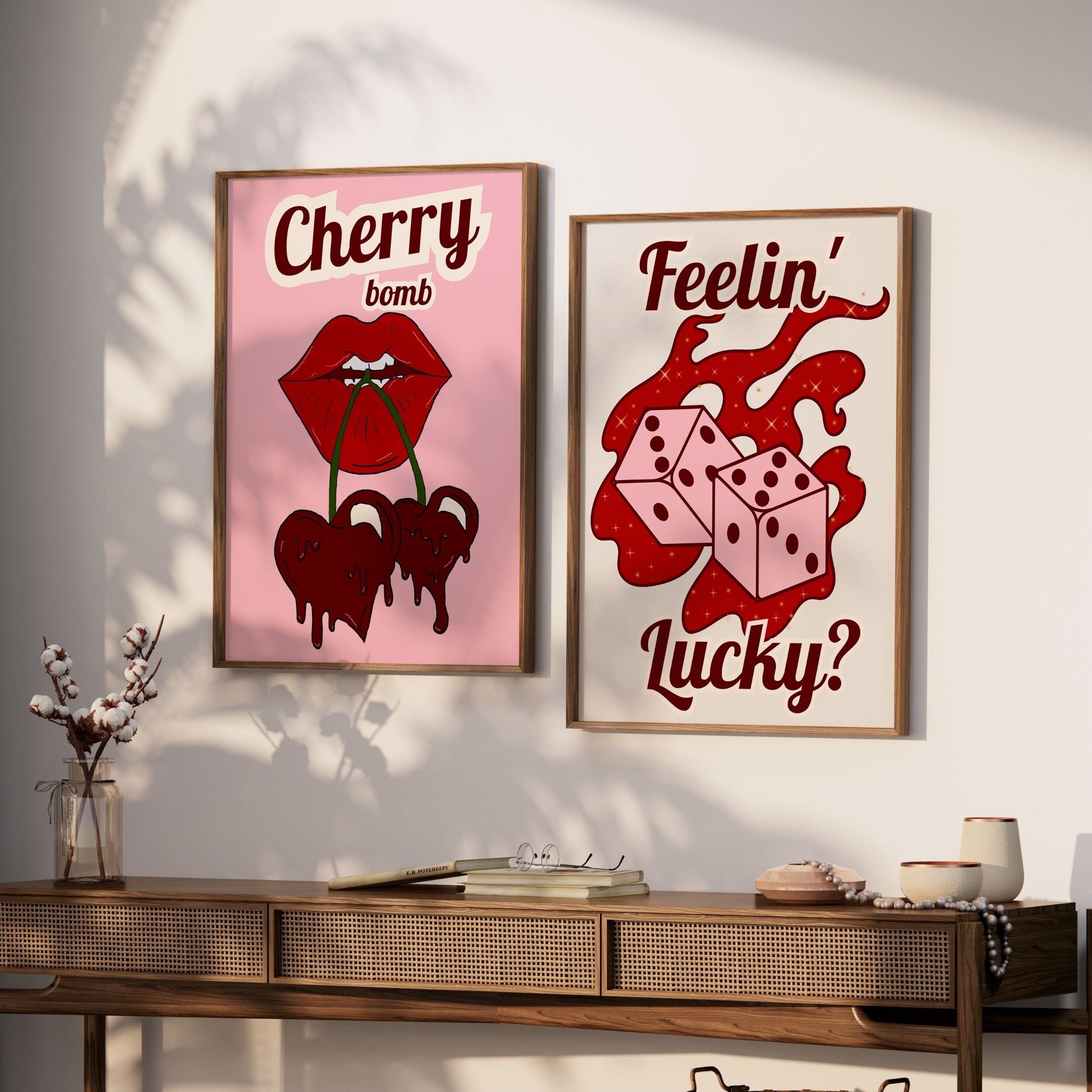 ☺︎ Set of 2 Groovy Funky Wall Art, 90's Aestetic Poster, Cherry