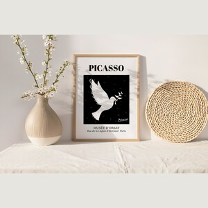 May include: Black and white poster with a white dove holding an olive branch in its beak. The poster has the text "PICASSO" at the top and "MUS&Eacute;E D'ORSAY" at the bottom. The text "Rue de la L&eacute;gion d'Honneur, Paris" is below the museum name.