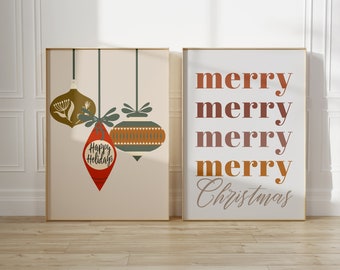 Cartel de Feliz Navidad, Conjunto de carteles de adornos navideños boho, Decoración navideña de arte de pared de Navidad, Arte de pared de decoración festiva del hogar, Arte de pared de Navidad boho,