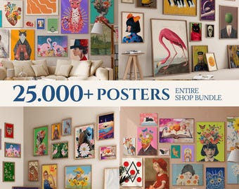 Paquete completo de la tienda, paquete de 25 000 mega obras de arte para pared, arte ecléctico para pared, póster maximalista, arte de pared vintage, decoración de habitación preppy, impresiones de Bauhaus