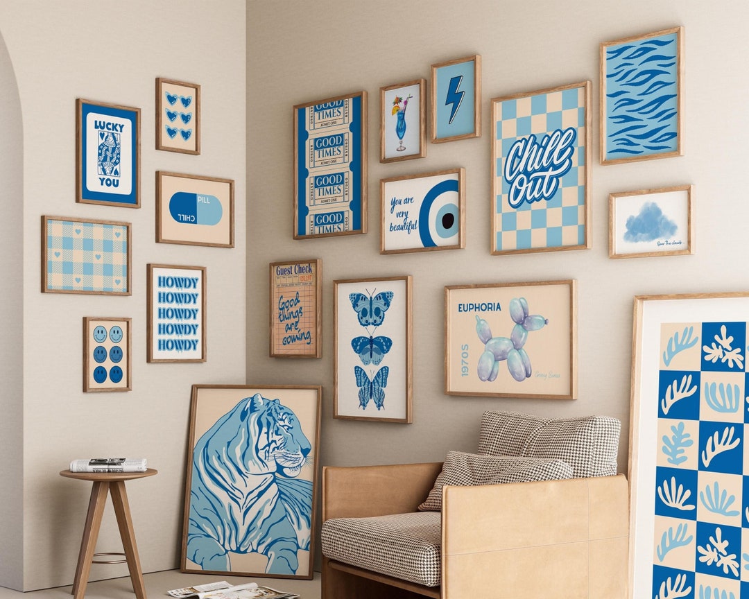 Y2k Aesthetic Maximalist Decor Set of 18 Blue Posters for Preppy Room ...