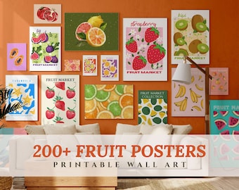 Fruit Poster Gallery Wall Art Set de 200, decoración de pared de cocina de mercado de frutas, ilustraciones inspiradas en frutas, carteles de sandía, fresa y limón