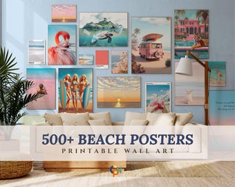 Conjunto de 500 arte de pared costera, impresiones de arte de pared de verano, pared de galería de playa de moda, decoración costera, decoración náutica, impresión de surf, decoración de casa de playa