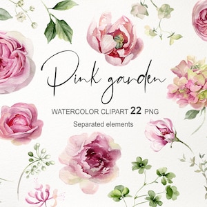 Puede incluir: Clipart de acuarela con rosas rosas, peonías y otros elementos florales. La imagen incluye el texto "Pink garden" y "Watercolor clipart 22 PNG Separated elements". Las flores están en varias etapas de floración.