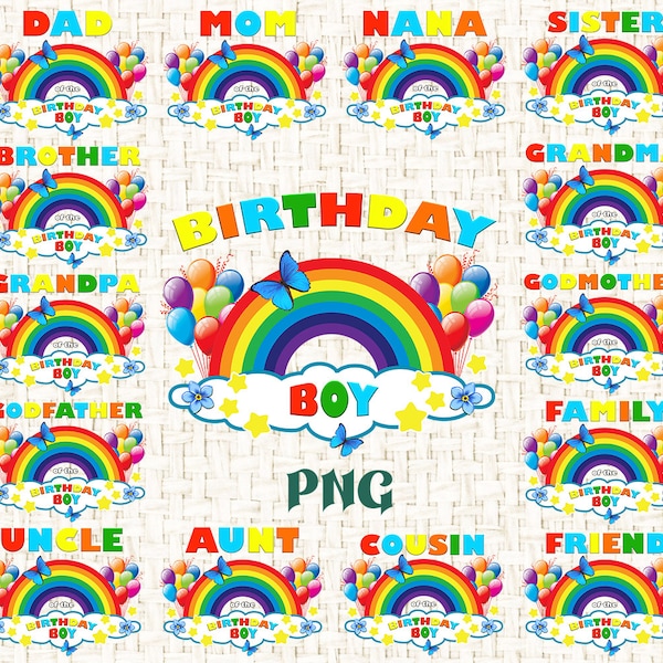 Rainbow birthday boy PNG, family set, sublimation