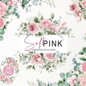Dusty pink rose clipart bundle PNG. Blush floral border. Watercolor eucalyptus greenery. Wedding frame, wreath, bouquet & digital paper 011