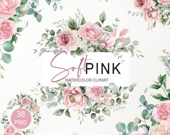Dusty pink rose clipart bundle PNG. Blush floral border. Watercolor eucalyptus greenery. Wedding frame, wreath, bouquet & digital paper 011