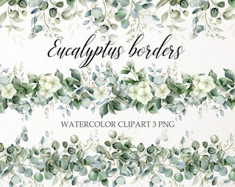 Watercolor eucalyptus seamless border clipart. Greenery frame PNG. Floral wedding banner. Digital graphic 001