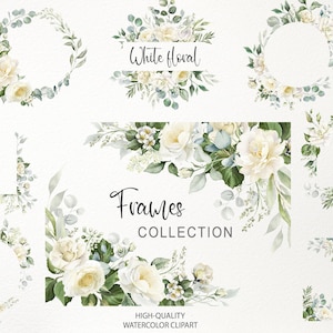 Puede incluir: Colección de imágenes prediseñadas de acuarela con arreglos florales y marcos blancos. Los diseños incluyen varias formas, como círculos y rectángulos, adornados con rosas blancas, hojas verdes y el texto "White Floral" y "Frames Collection".
