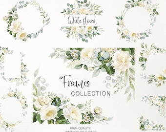 May include: Watercolor clipart collection featuring white floral arrangements and frames. The designs include various shapes, such as circles and rectangles, adorned with white roses, green leaves, and the text "White Floral" and "Frames Collection".